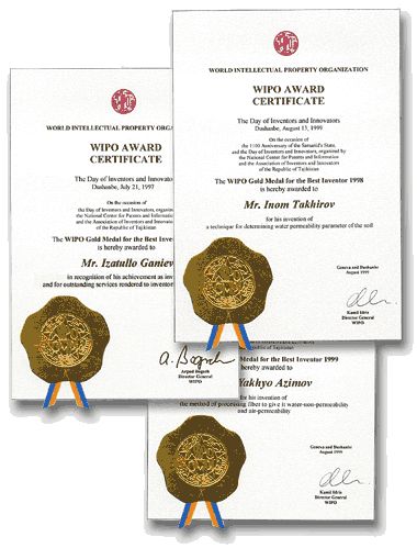 Certificates for the WIPO Gold Medals