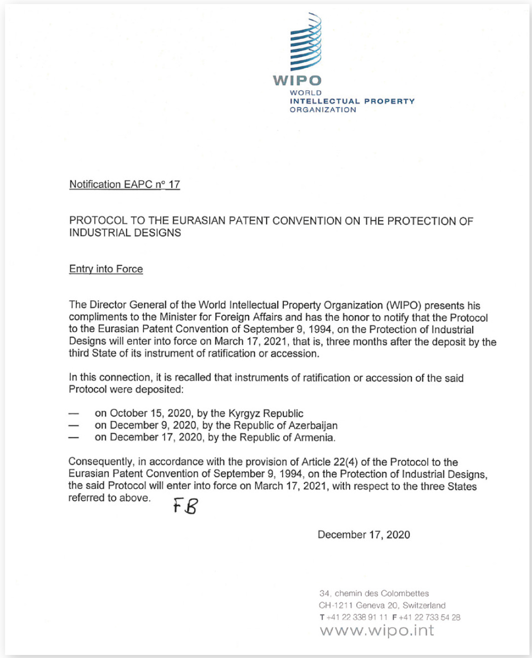 WIPO notification, dated December 17, 2020